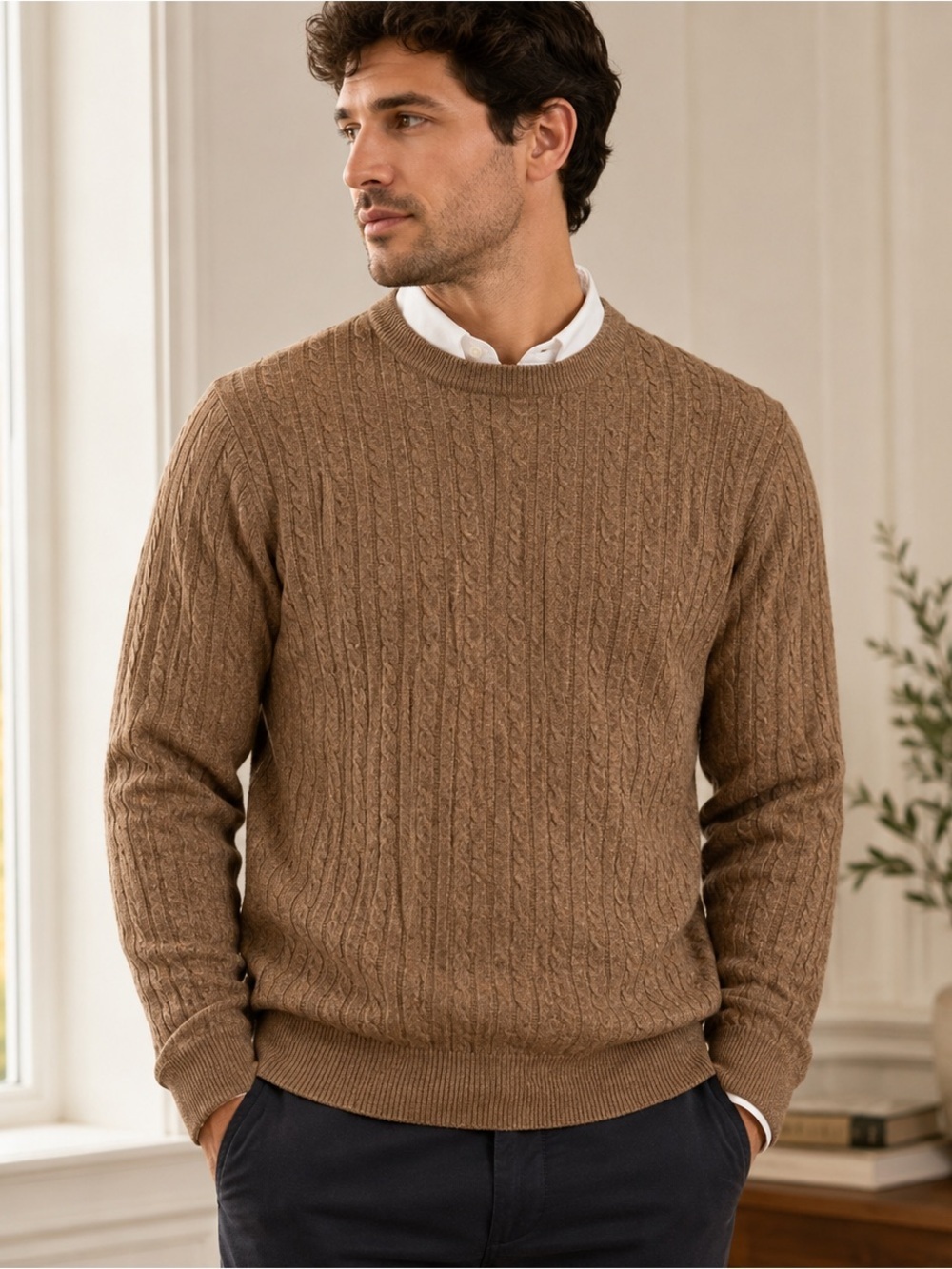 Kallspin Wool Blend Cable Knit Crew Neck Sweater Coffee XL NWT